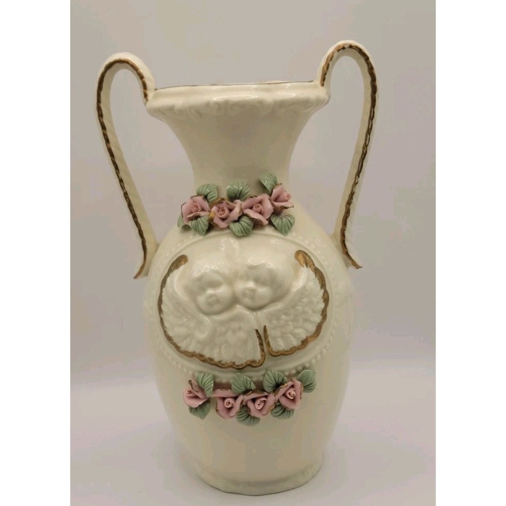 Vintage Cherub Angel Vase Ivory Ceramic 10" Double Handle Pink Roses Victorian